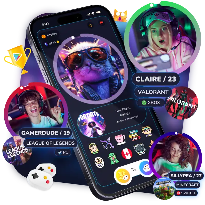 Noobly app on mobile phone with gamer friends app UI on the display connecting gamers playing Minecraft, League of Legends and Valorant